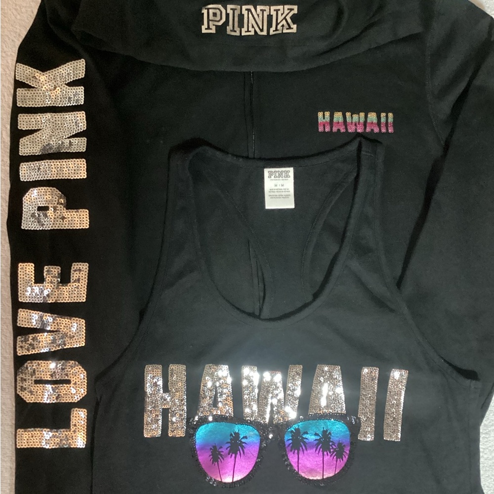 Victoria’s Secret LOVE PINK BLING Hawaii Hoodie Jacket L Tank Top Shirt M NWOT